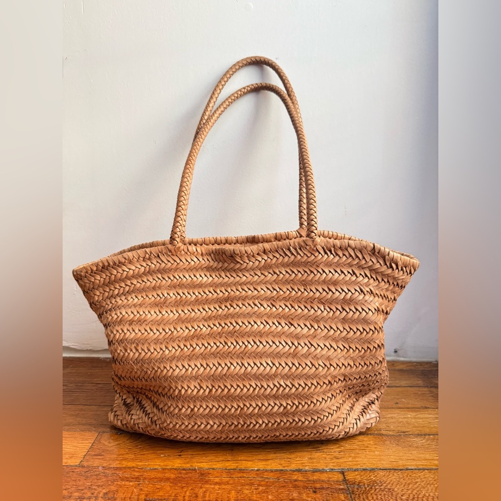 Woven Genuine Leather Tote Bag Tan Minimalist Structured Leather Bag - Picture 6 of 10